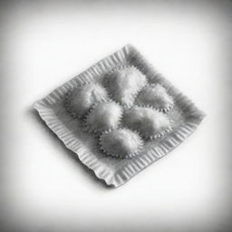 A highly detailed black and white sketch of a single, perfectly shaped ravioli, focusing on its unique texture and patterns.