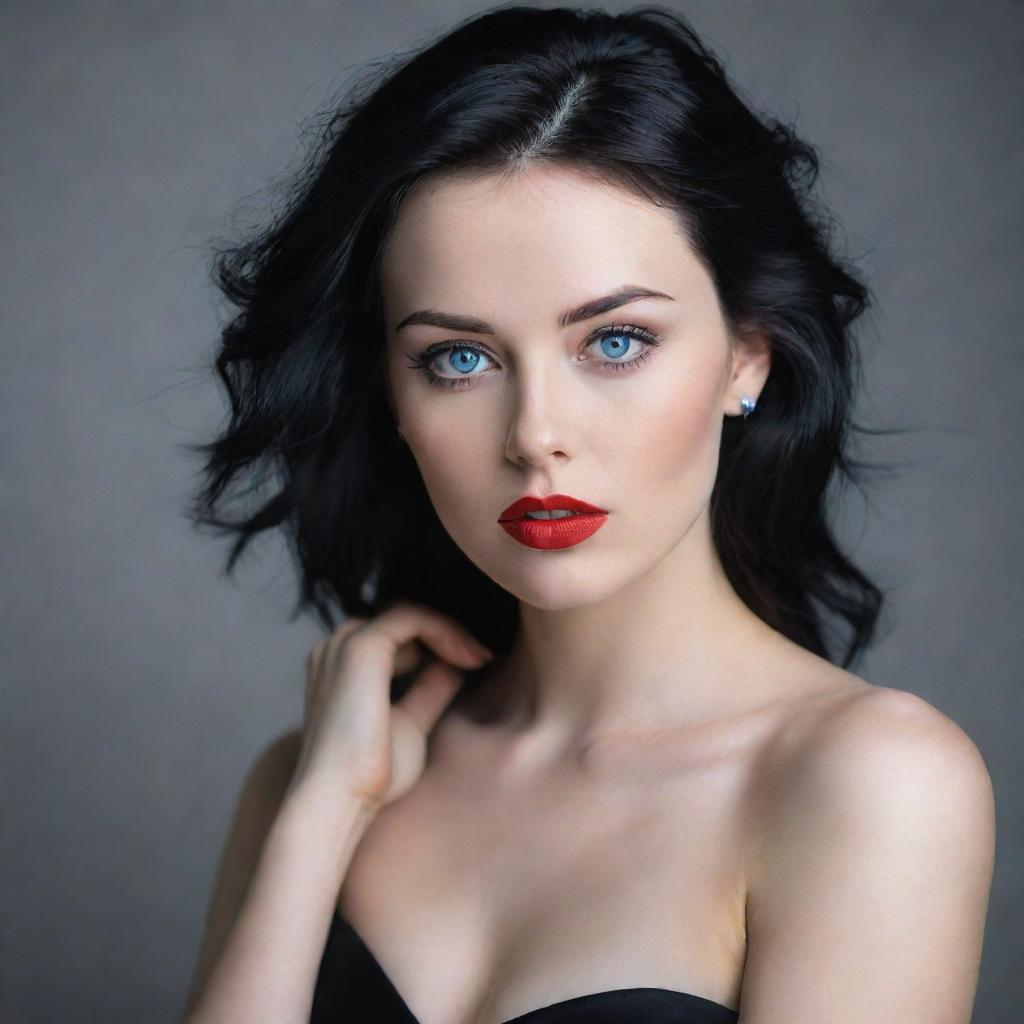 Portrait of an enigmatic girl with piercing blue eyes, jet black hair, a graceful figure, fair complexion, and vibrant red lips.