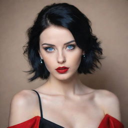 Portrait of an enigmatic girl with piercing blue eyes, jet black hair, a graceful figure, fair complexion, and vibrant red lips.