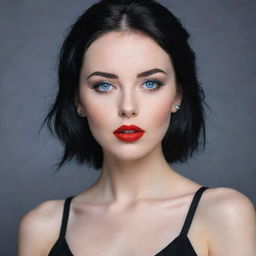 Portrait of an enigmatic girl with piercing blue eyes, jet black hair, a graceful figure, fair complexion, and vibrant red lips.