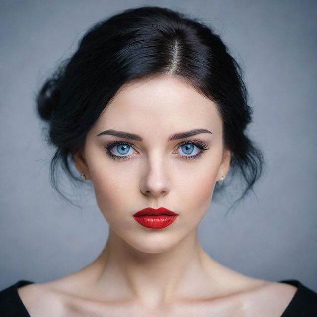 Portrait of an enigmatic girl with piercing blue eyes, jet black hair, a graceful figure, fair complexion, and vibrant red lips.