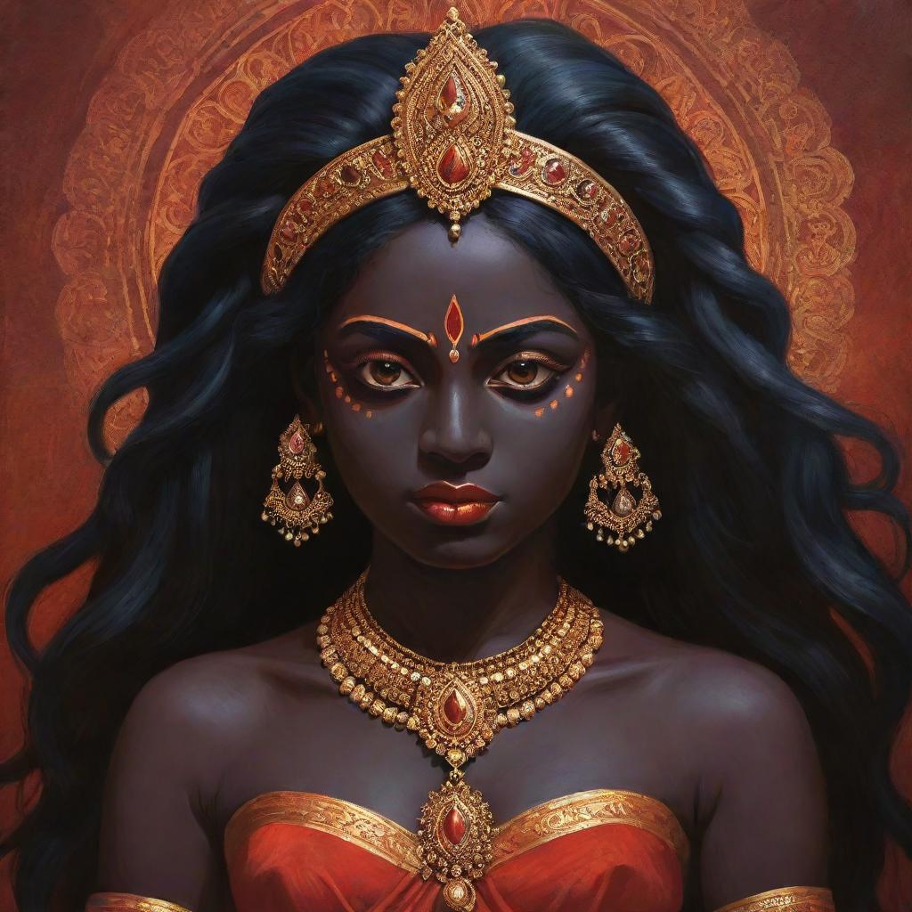 A vivid illustration of a young version of the Indian goddess Kali, preserving her traditional attributes such as dark skin and divine power, but with the innocent features of a girl, set against a mystic Indian backdrop.