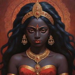 A vivid illustration of a young version of the Indian goddess Kali, preserving her traditional attributes such as dark skin and divine power, but with the innocent features of a girl, set against a mystic Indian backdrop.