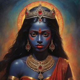 A vivid illustration of a young version of the Indian goddess Kali, preserving her traditional attributes such as dark skin and divine power, but with the innocent features of a girl, set against a mystic Indian backdrop.