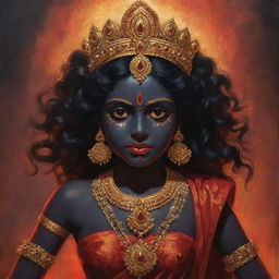 A vivid illustration of a young version of the Indian goddess Kali, preserving her traditional attributes such as dark skin and divine power, but with the innocent features of a girl, set against a mystic Indian backdrop.