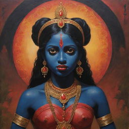 A vivid illustration of a young version of the Indian goddess Kali, preserving her traditional attributes such as dark skin and divine power, but with the innocent features of a girl, set against a mystic Indian backdrop.