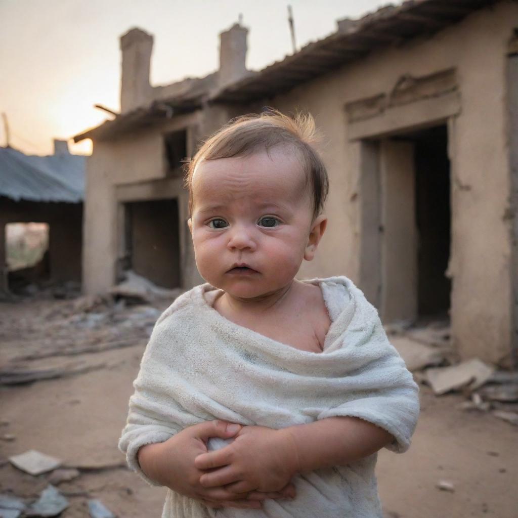 A newborn baby held securely in arms, amidst a backdrop of a war-ravaged home, with hopeful eyes looking towards a dawning future symbolizing victory.