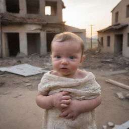 A newborn baby held securely in arms, amidst a backdrop of a war-ravaged home, with hopeful eyes looking towards a dawning future symbolizing victory.