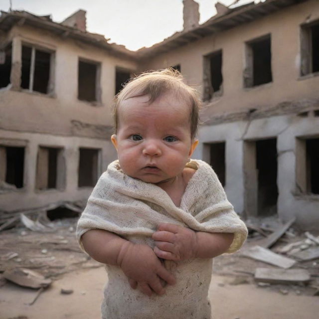 A newborn baby held securely in arms, amidst a backdrop of a war-ravaged home, with hopeful eyes looking towards a dawning future symbolizing victory.