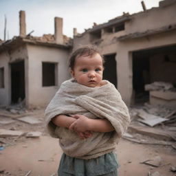 A newborn baby held securely in arms, amidst a backdrop of a war-ravaged home, with hopeful eyes looking towards a dawning future symbolizing victory.