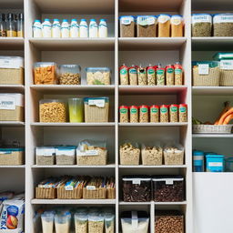 A well-organized pantry section in a bustling study hub, filled with healthy snacks and refreshments, placed neatly on the shelves.