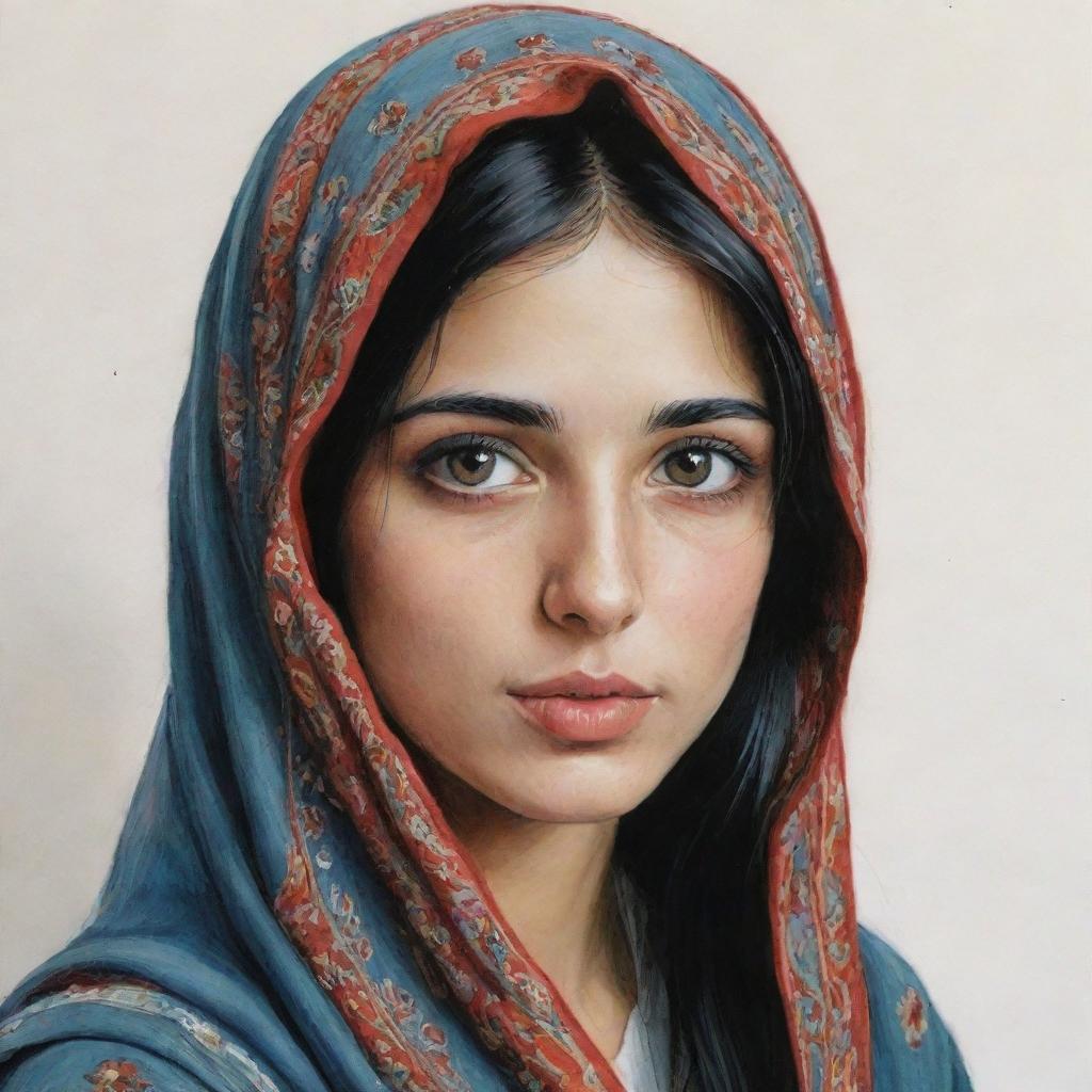 Illustrate a distinctive girl named Shahrzad, capturing her unique physical attributes and the spark of individuality in her eyes.