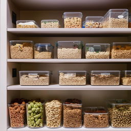 A well-organized pantry section in a bustling study hub, filled with healthy snacks and refreshments, placed neatly on the shelves.