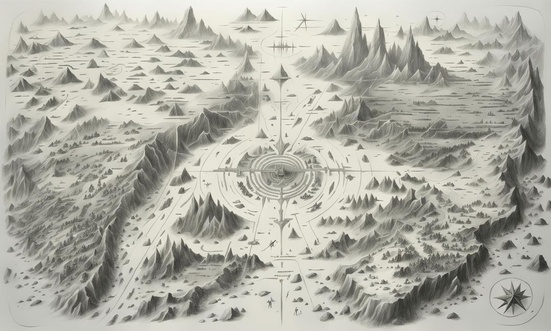 Top-down 2D hand-drawn pencil sketch of a fantasy-style map, featuring a detailed labyrinth and hellscape.