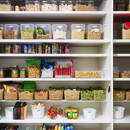 A well-organized pantry section in a bustling study hub, filled with healthy snacks and refreshments, placed neatly on the shelves.