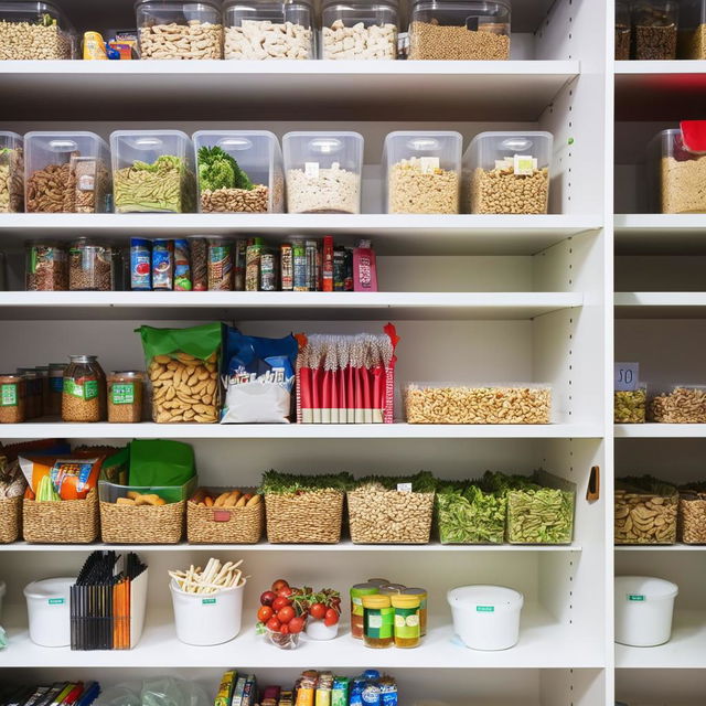 A well-organized pantry section in a bustling study hub, filled with healthy snacks and refreshments, placed neatly on the shelves.