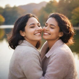 Picture a lovely couple, displaying warmth and affection, their faces radiant with shared happiness, against a serene backdrop.