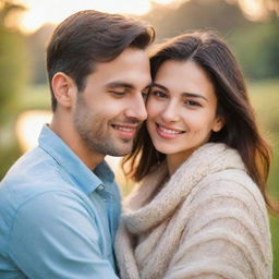 Picture a lovely couple, displaying warmth and affection, their faces radiant with shared happiness, against a serene backdrop.