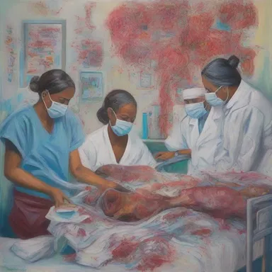 The painting titled 'Cross Infection' beautifully depicts the chaotic spread of diseases within a hospital setting, evoking a sense of urgency and concern.