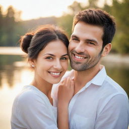 Picture a lovely couple, displaying warmth and affection, their faces radiant with shared happiness, against a serene backdrop.