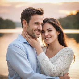 Picture a lovely couple, displaying warmth and affection, their faces radiant with shared happiness, against a serene backdrop.