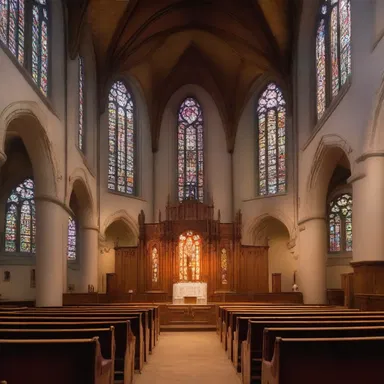 The stained glass windows of the church cast a ruddy glow across the pews.