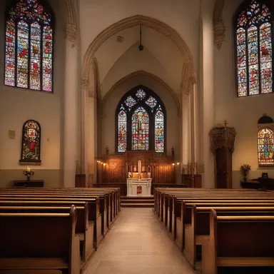 The stained glass windows of the church cast a ruddy glow across the pews.