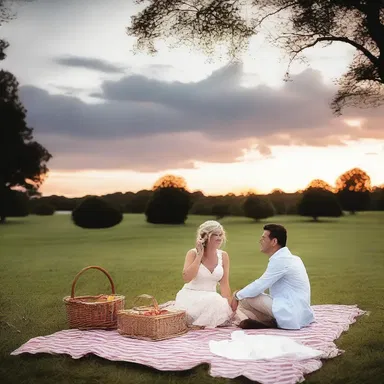 As the sun set, the sky turned ruddy, creating a romantic ambiance for the couple's evening picnic.