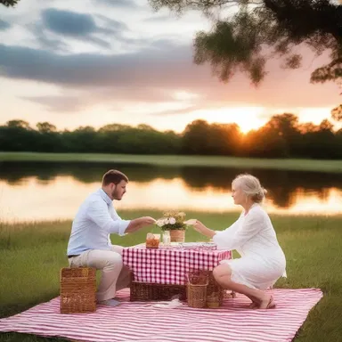 As the sun set, the sky turned ruddy, creating a romantic ambiance for the couple's evening picnic.