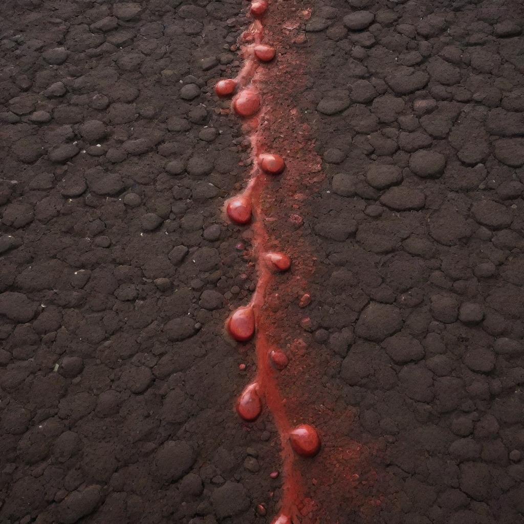 An abstract representation of droplets of blood merging with rich, dark earth soil, creating a powerful and evocative image of life and death