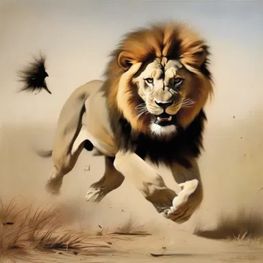 The artist's painting portrayed a fierce lion pursuing its prey, capturing the intensity of the chase.