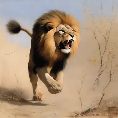 The artist's painting portrayed a fierce lion pursuing its prey, capturing the intensity of the chase.