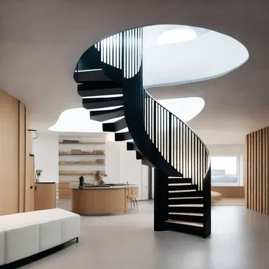 The pursued element in the design of this building is the exposed spiral staircase.