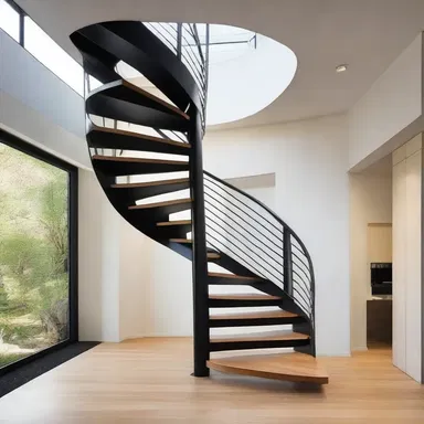 The pursued element in the design of this building is the exposed spiral staircase.