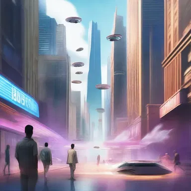 In this futuristic cityscape, the pursued individuals are equipped with hoverboards to elude their pursuers.