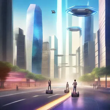 In this futuristic cityscape, the pursued individuals are equipped with hoverboards to elude their pursuers.