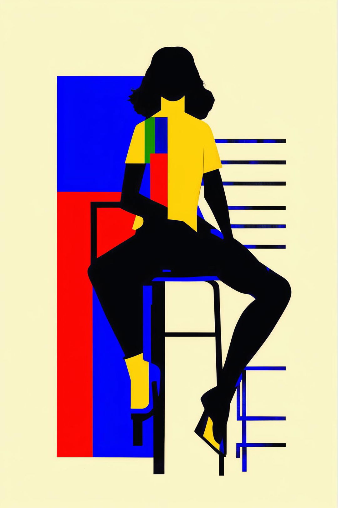 A vibrant, minimalist, abstract digital art piece depicting a woman sitting on a chair