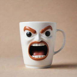 An anthropomorphic coffee cup with a furious expression on its face