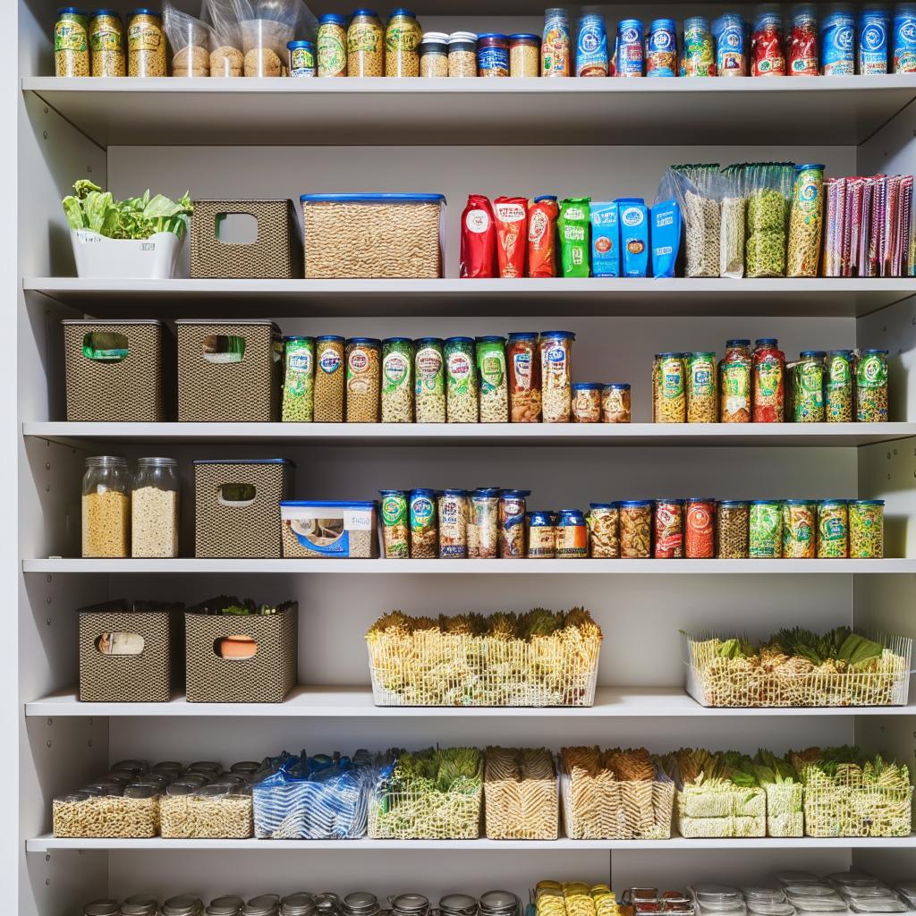 A well-organized pantry section in a bustling study hub, filled with healthy snacks and refreshments, placed neatly on the shelves.