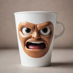 An anthropomorphic coffee cup with a furious expression on its face