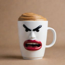 An anthropomorphic coffee cup with a furious expression on its face