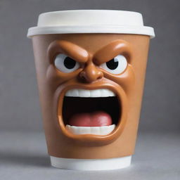 An anthropomorphic coffee cup with a furious expression on its face