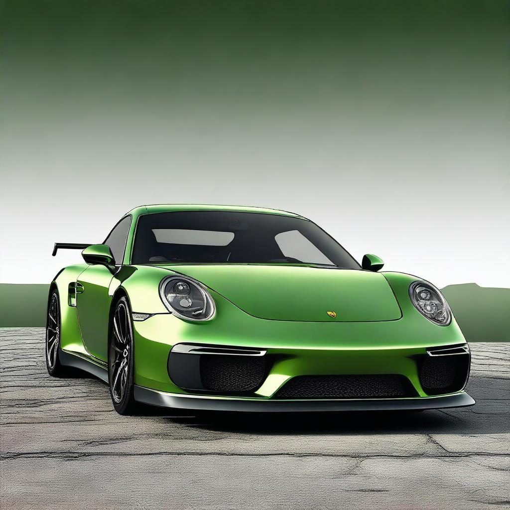 A digital art representation of a 997 slantnose supercar in a matte army green finish