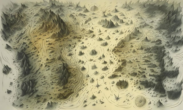 Hand-drawn fantasy map on a flat, cream-colored paper featuring a detailed labyrinth, hellscape, roads, forests, and ocean, with visible sketch marks and a worn-down pencil.