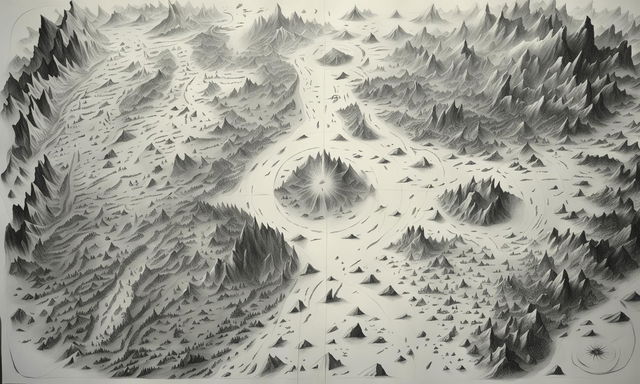 Incredibly detailed, monochrome hand-drawn fantasy map on a flat, cream-colored paper featuring a labyrinth, hellscape, roads, forests, and ocean, with visible sketch marks and a worn-down pencil.