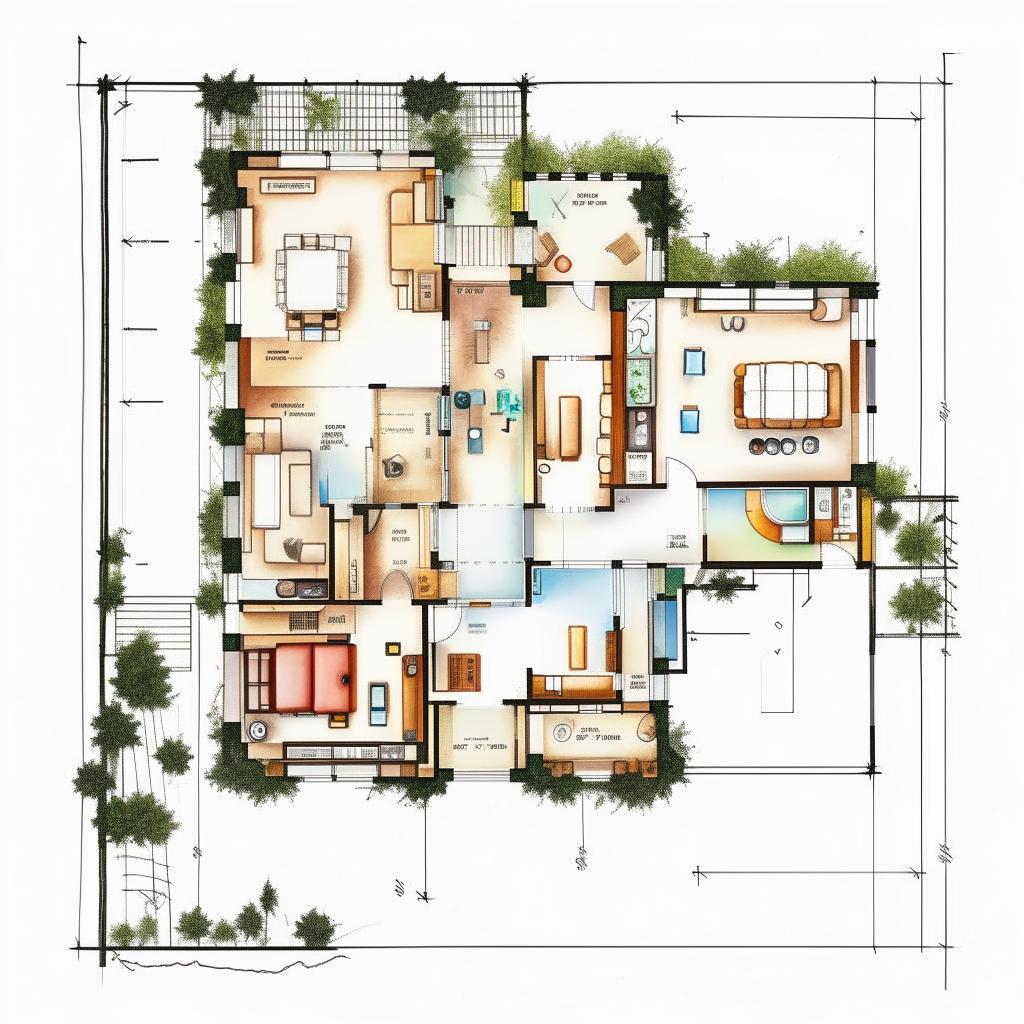 A detailed house plan for a 650 square feet house, including separate rooms, kitchen, bathroom, and living area, drawn in a minimalist style.