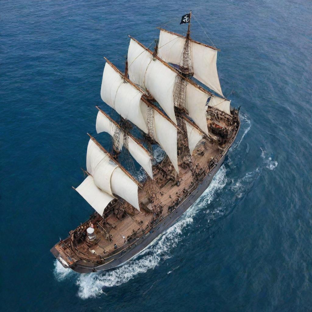 A top view of a detailed and authentic pirate ship, sailing in open waters