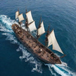 A top view of a detailed and authentic pirate ship, sailing in open waters