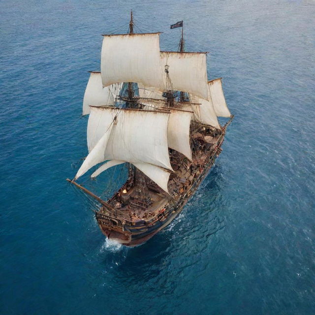 A top view of a detailed and authentic pirate ship, sailing in open waters