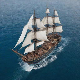 A top view of a detailed and authentic pirate ship, sailing in open waters